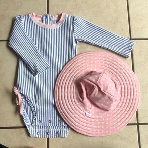 Ruffle Butts seersucker swim suit and hat set